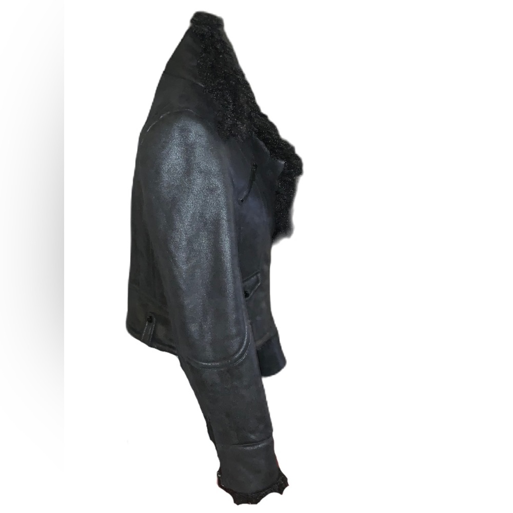 XXI Women’s Black Faux Suede Leather Moto Bomber Jacket w/ Faux Wool trim Size S - Picture 5 of 11